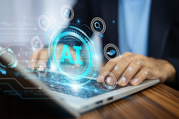 Businessman using technology Ai concept of artificial intelligence use analytics automation and an autonomous brain big data management computer connection information
