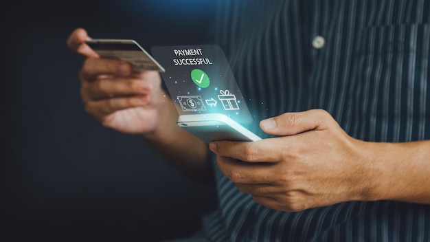 Businessman with smart device technology paying online shopping and banking transactional