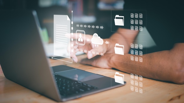 Businesspeople manage corporate document databases through the cloud cyberspace technology concepts