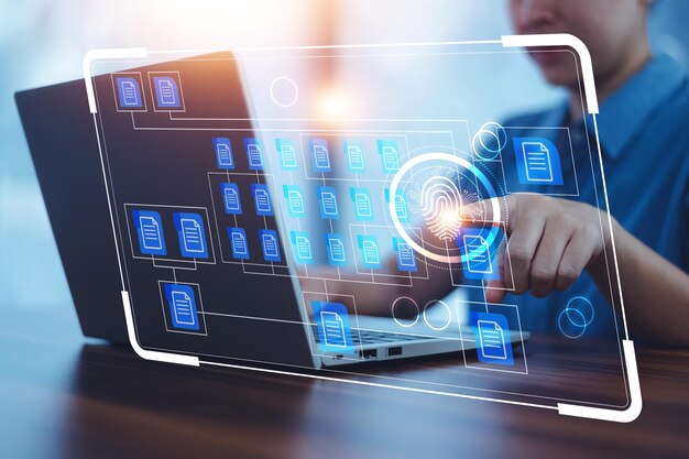 Businesspeople using computer software for document data management