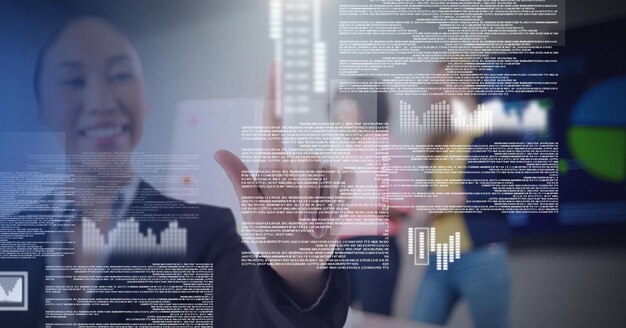 Businesswoman touching screen text interface