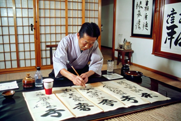 Calligraphy Artist Working on Paper Scrolls