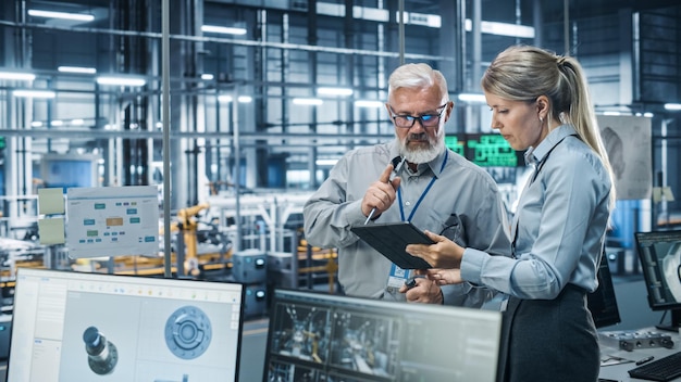 Car Factory Office Scientist Talks with Senior Engineer Use Tablet Computer to Design Production Conveyor for Advanced Power Engines Automated Robot Arm Assembly Line Manufacturing Vehicles