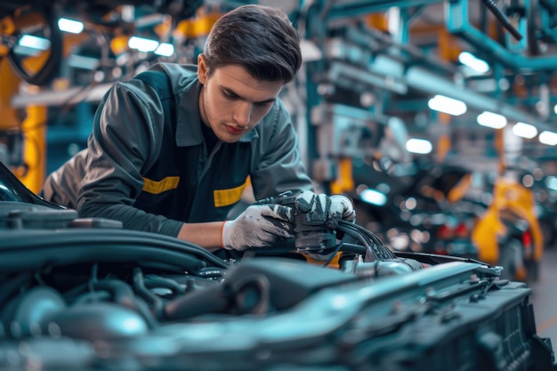 Car Mechanic at Work Detailed Engine Repair and Maintenance by Skilled Technician in an Automotive