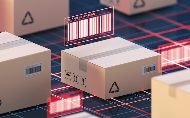 carton and bar code commodity inspection and transportation 3d rendering