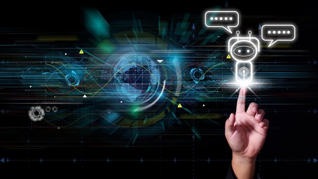 Chat with AI Artificial Intelligence man using technology smart robot AI artificial intelligence by enter command prompt for generates something Futuristic technology transformation
