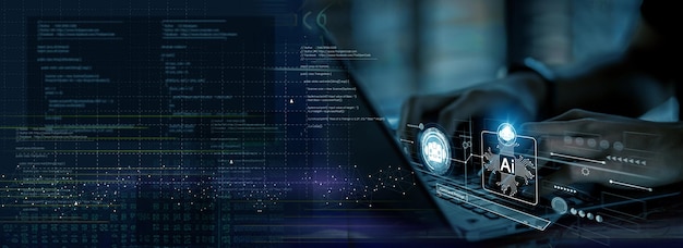 Chat with AI or Artificial Intelligence Young businessman chatting with a smart AI or artificial intelligence using an artificial intelligence chatbot developed by OpenAI