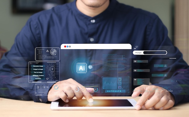 chat with ai or artificial intelligence young businessman chatting with a smart ai or artificial