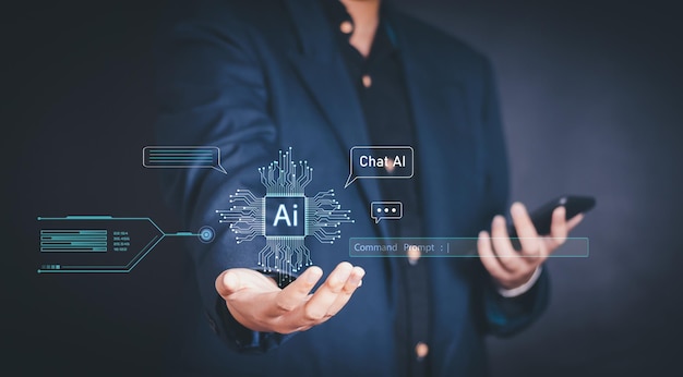 Chatbot Chat with AI Artificial Intelligence man using technology smart robot AI artificial intelligence by enter command prompt for generates something Futuristic technology transformation
