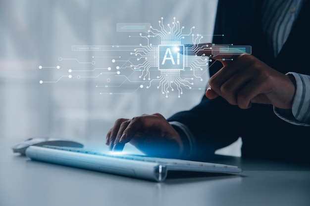 Chatbot Chat with AI Artificial Intelligence man using technology smart robot AI artificial intelligence by enter command prompt for generates something Futuristic technology transformation