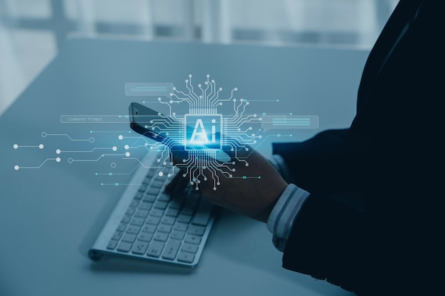 Chatbot Chat with AI Artificial Intelligence man using technology smart robot AI artificial intelligence by enter command prompt for generates something Futuristic technology transformation