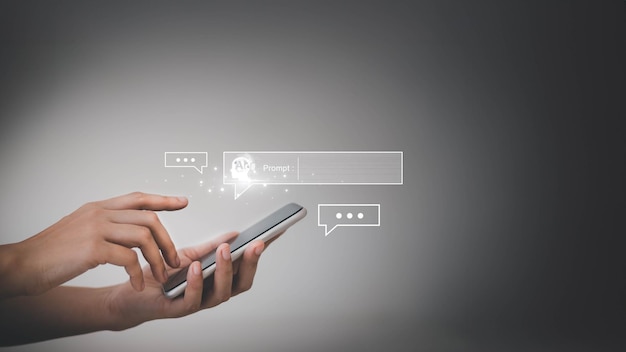 Chatbot Chat with AI business woman using technology smart robot AI artificial intelligence by enter command prompt for generates something Futuristic technology transformation Metaverse big data
