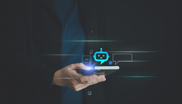 ChatbotAI Artificial Intelligence Man chatting with digital assistant bot on mobilephonedigital communication technology Future of business smart app service online messaging innovation network