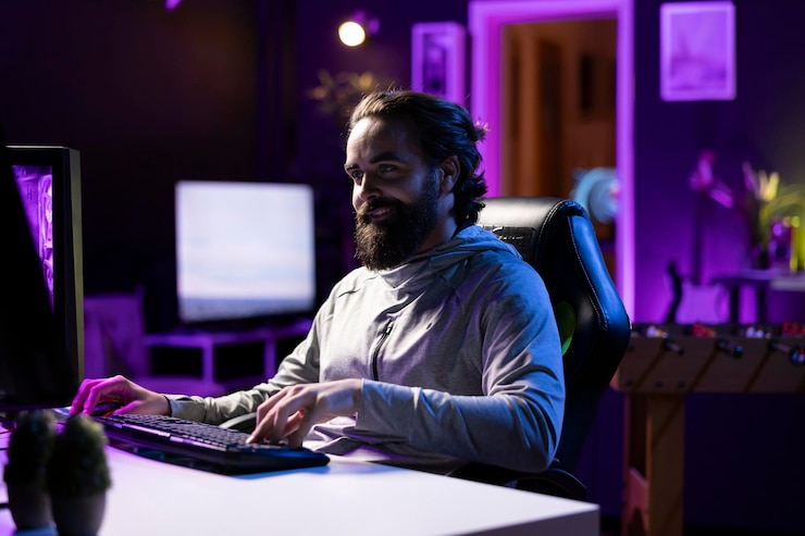 Photo cheerful player gaming controlling character finishing missions