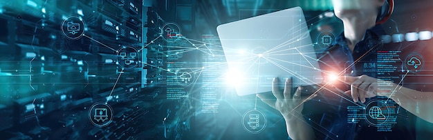 Chief Engineer connecting data center on global networking in mainframe of server room of storage systems and connect of data on internet network business innovation of futuristic