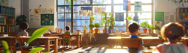 Children sitting at desks in a classroom sunlight streaming through window
