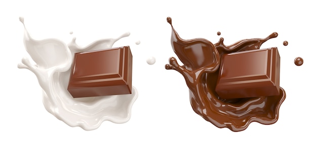 chocolate pieces falling on chocolate sauce and Milk cream splash 3d illustration.