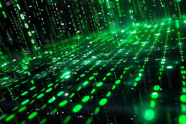 Cinematic background of green binary code on black binary numbers falling as digital computer text