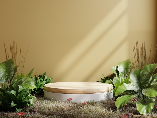 Circle wood podium in tropical forest for product presentation and yellow background