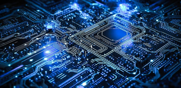 Circuit board background with blue lights and dots