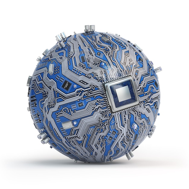 Circuit board system chip with core processor Spherical computer motherboard with CPU isolated on white background Futuristic computer technology