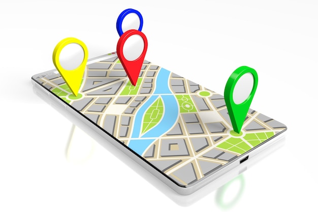 City map and destination pins on a smartphone 3D illustration