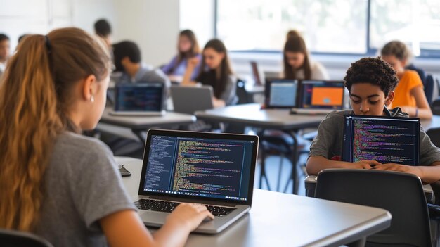 Classroom where student learning code laptop focus programming language problemsolving skill
