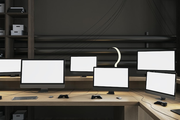 Clean office interior with multiple empty white computer monitors on wooden desk Gaming work hacking and bitcoin mining concept Mock up 3D Rendering