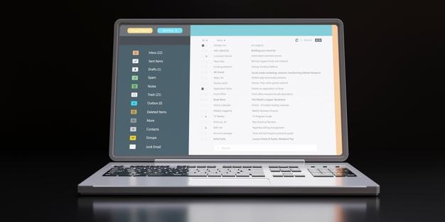 Client mail list on laptop screen isolated on black Email message communication