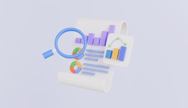 Clipboard checklist with magnifying financial research report dashboard and Business report chart