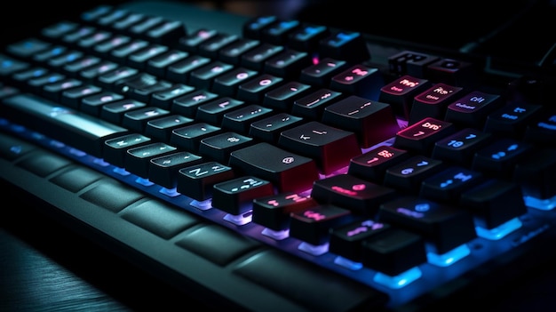 close up of a black computer keyboard with blue and red led lightsgenerative ai