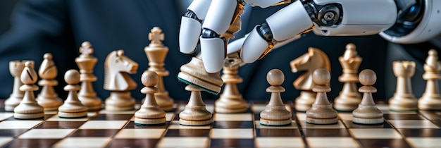 Close up of ai robot s hand in intense chess game focused on moving chess pieces