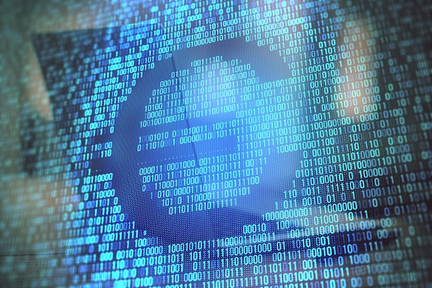 close up of creative blue binary coding hologram with euro outline on blurry workplace background digital money and cryptocurrency concept double exposure