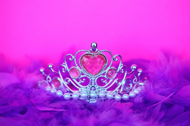 Close-up of crown on purple feathers