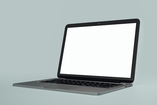 close up of empty white laptop computer screen on grey background technology communication and programming concept mock up 3d rendering