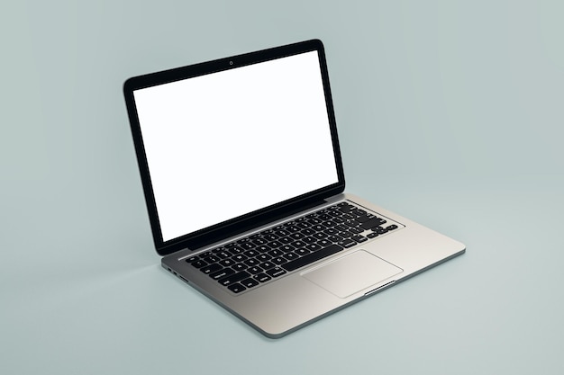 close up of empty white laptop screen on grey background technology communication and programming concept mock up 3d rendering