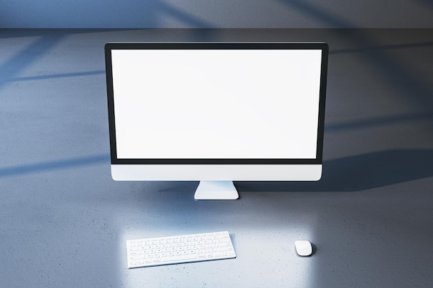 Close up of empty white mock up computer monitor on gray backdrop Minimalistic designer desktop concept 3D Rendering