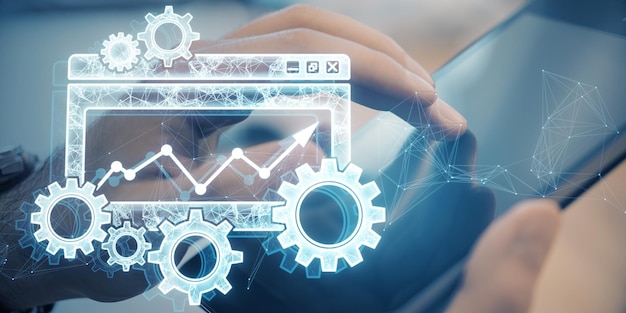 Close up of hands using tablet with digital folder with cogs mesh and arrows on blurry backdrop Project Management icon data management folder project goals task management concept 3D Rendering
