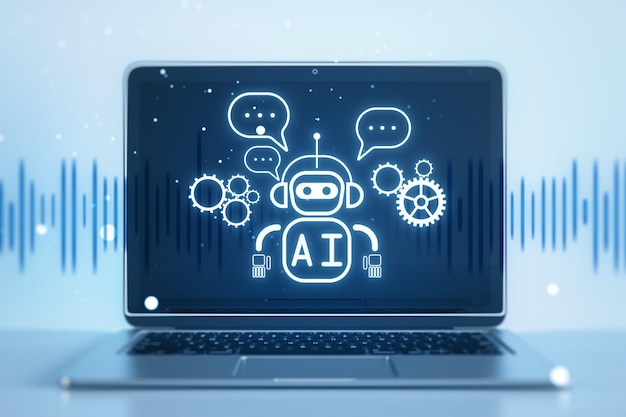 close up of laptop with creative glowing robot ai hologram on blurry background automated machine learning artificial intelligence and conversation assistant concept 3d rendering