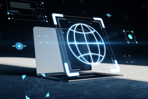 Close up of laptop with creative hacking interface on dark background Code window high tech UI and spyware concept 3D Rendering