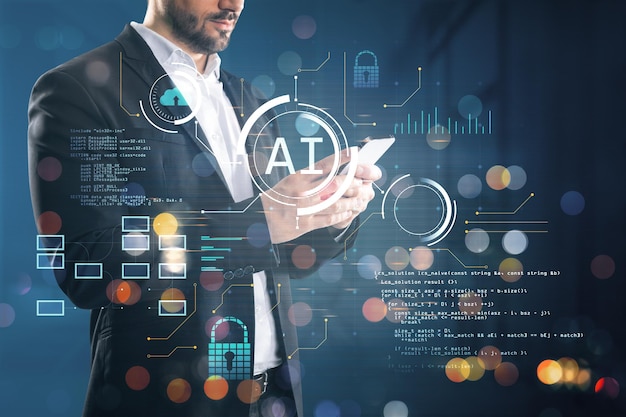 Close up of male hands using smartphone with glowing blurry ai hologram with binary coding on blurry background Artificial intelligence technology and programming concept