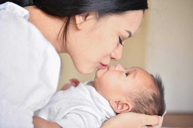 close-up of mother kissing toddler son at home