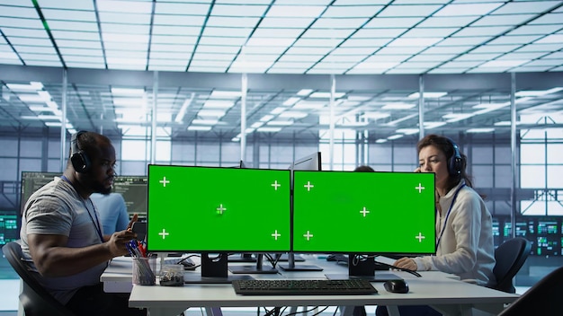 Close up of multi monitor isolated screen computer in data center