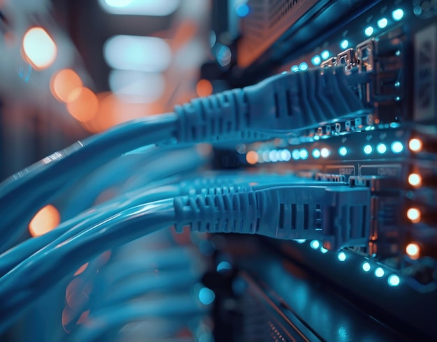Close up of network cables connected to a server rack with blue LED lights glowing softly in a data center