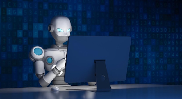 Close-up of robot using computer on table