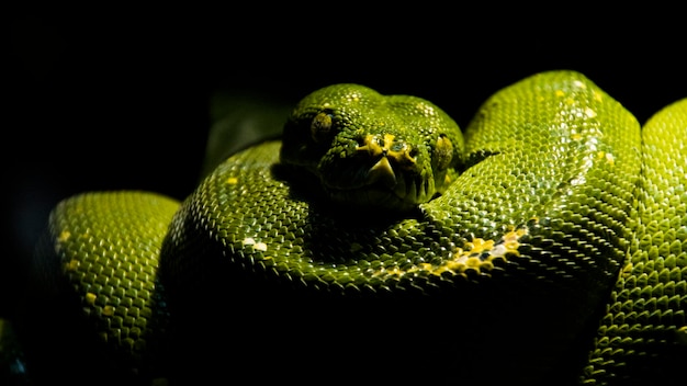 close-up of snake against black background