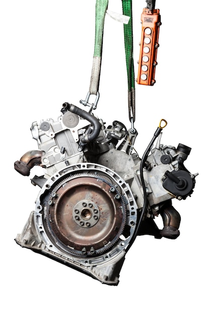 Close Up of V6 engine for the maintenance and repair of a car in a auto service on white isolated background Vehicle parts catalog