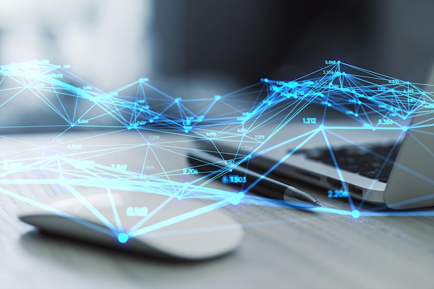 close up of workplace with laptop computer mouse and creative glowing polygonal interface on blurry background technology innovation and network concept 3d rendering