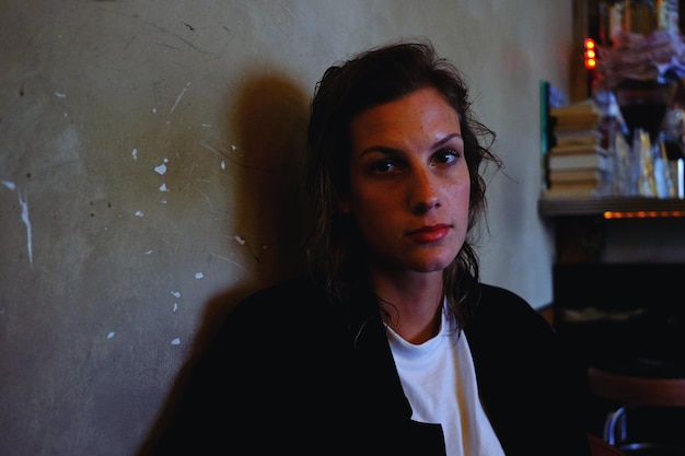 close-up portrait of young woman at home