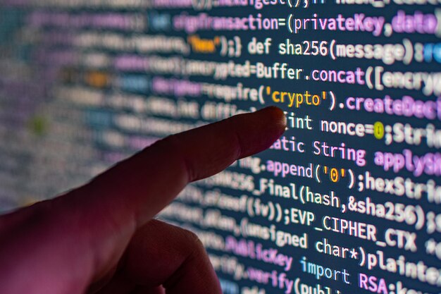 Closeup image of a hand pointing at computer code on a screen related to coding and cybersecurity with a focus on the interaction between human and digital realms